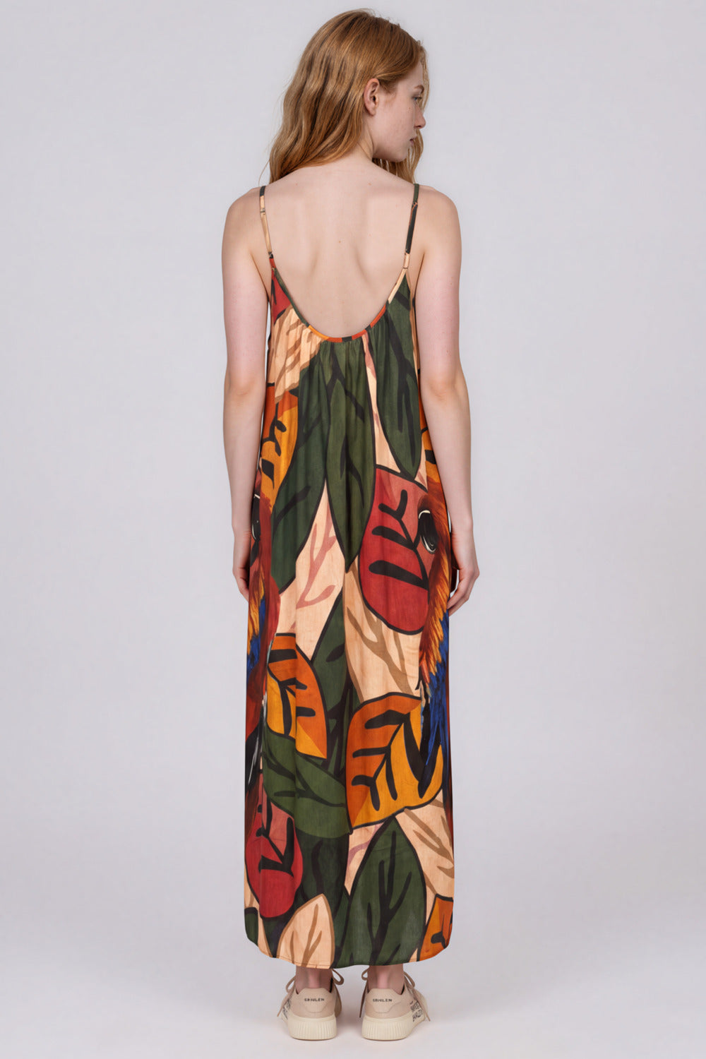 Vestido Longo De Alças Reguláveis Verde Estampa De Araras Yacamim E14