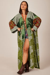 Kimono Longo Broderie Patchwork Verde Patchwork Yacamim J2