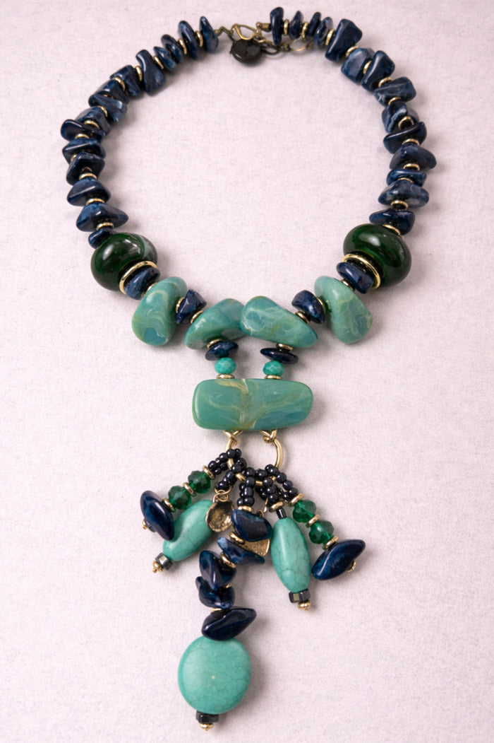 Colar Artesanal Com Pedras Cor Azul Yacamim #1011