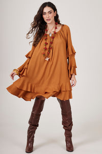 Vestido Curto Decote Ombro A Ombro Caramelo Yacamim D12 Liso