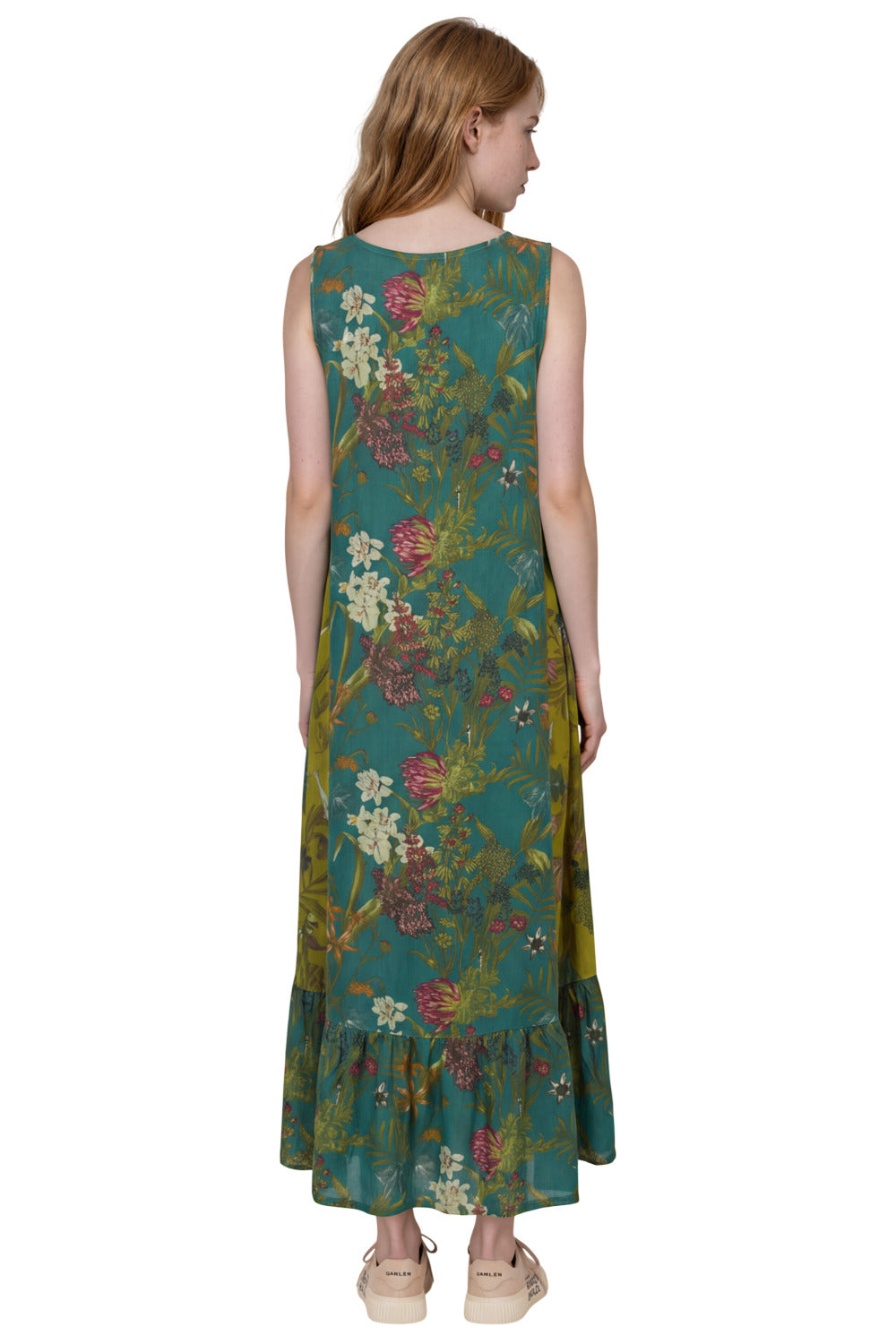Vestido Regata Midi Com Bolsos Laterais Verde Estampado Yacamim E26