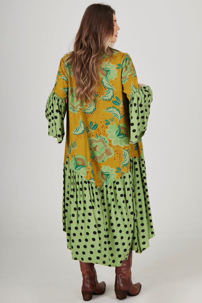 Kimono Longo Com Manga Flare Verde Poá Patchwork Yacamim J4
