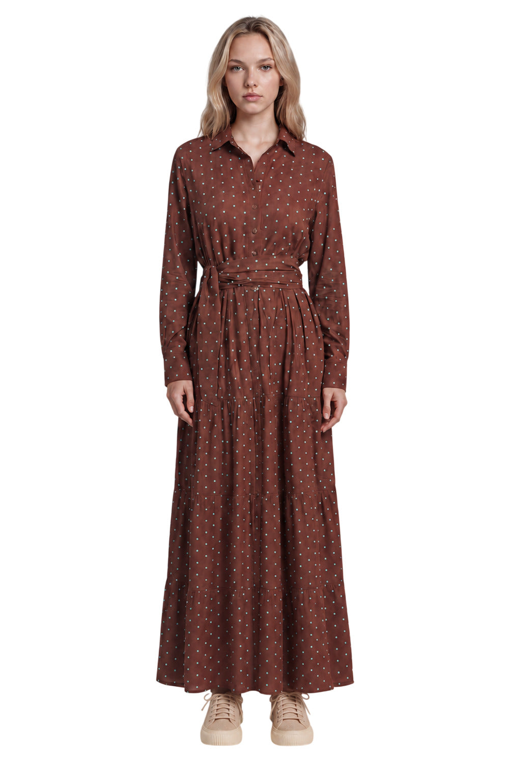 Vestido Longo Com Faixa Para Amarrar Na Cintura Marrom De Poá Yacamim D20