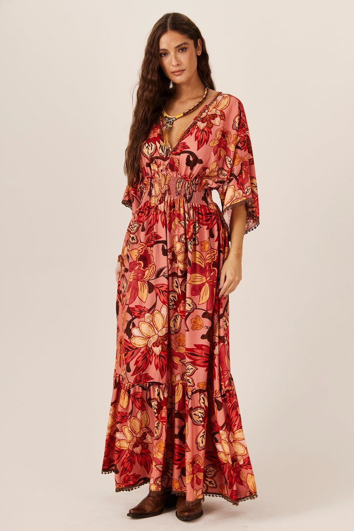 Vestido Longo Com Lastex Na Cintura Rosa Estampado Yacamim D7