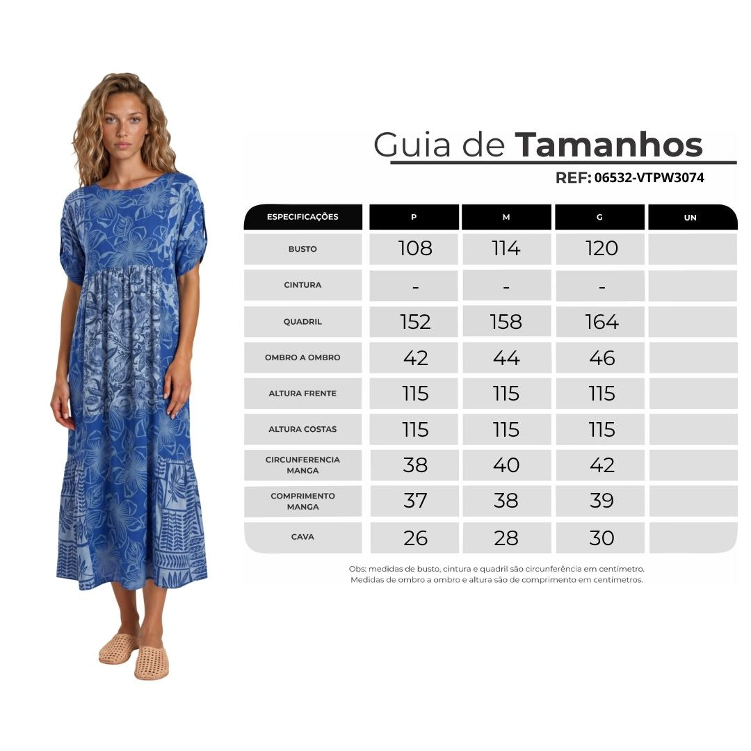 Vestido Midi Com Mangas Curtas Azul Patchwork Yacamim E24