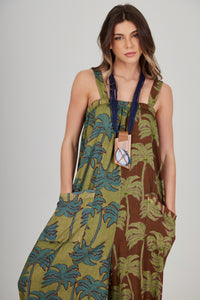 Macacão Longo Pantalona Verde Estampa Coqueiros Patchwork Yacamim O7