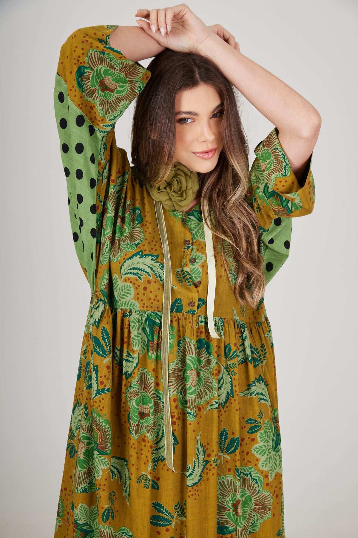 Vestido Midi Amplo Verde Estampado Patchwork Yacamim E7