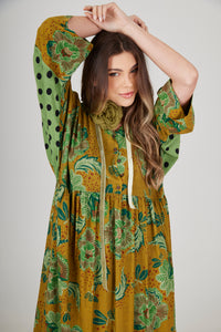 Vestido Midi Amplo Verde Estampado Patchwork Yacamim E7