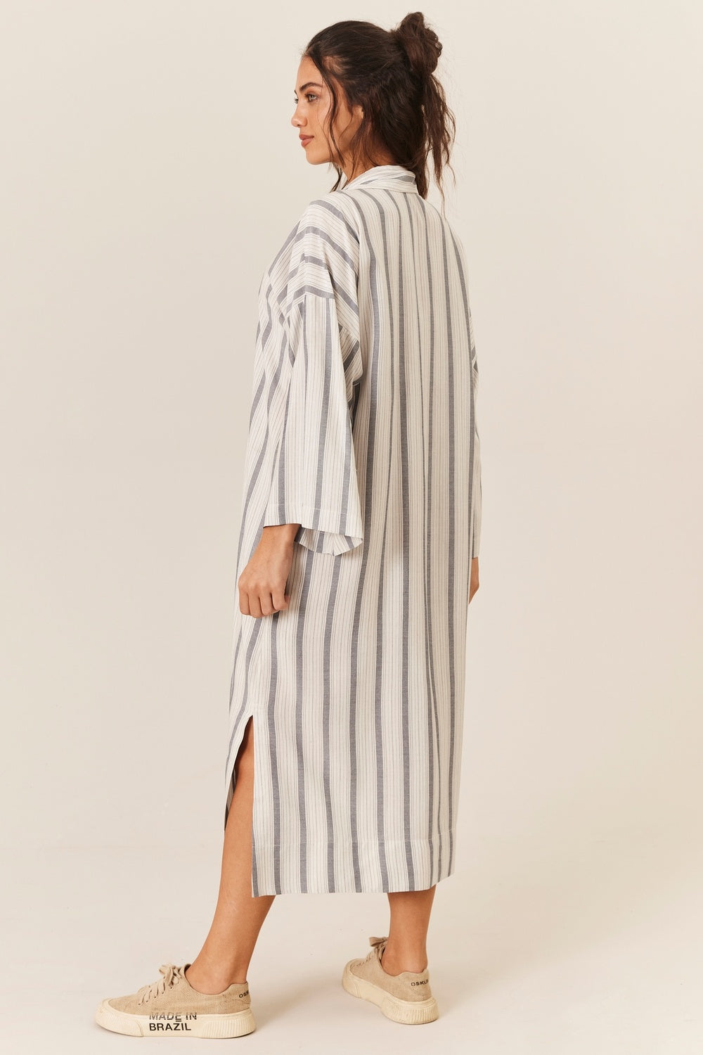 Chemise Amplo Midi Manga Longa Cinza Listrado Yacamim M8