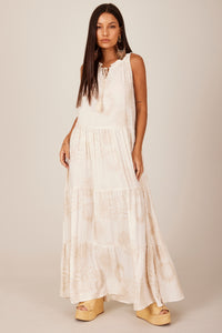 Vestido Regata Longo De Linho Babados Bege Estampado Yacamim C14