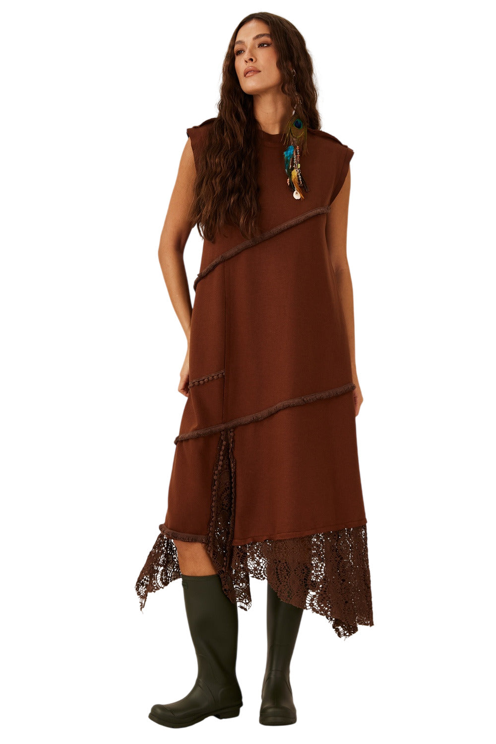 Vestido Midi De Moletom Com Rendas Marrom Yacamim E11