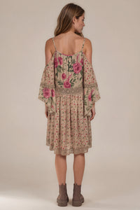 Vestido Curto Com Ombros Vazados Marrom Claro Patchwork Yacamim E23