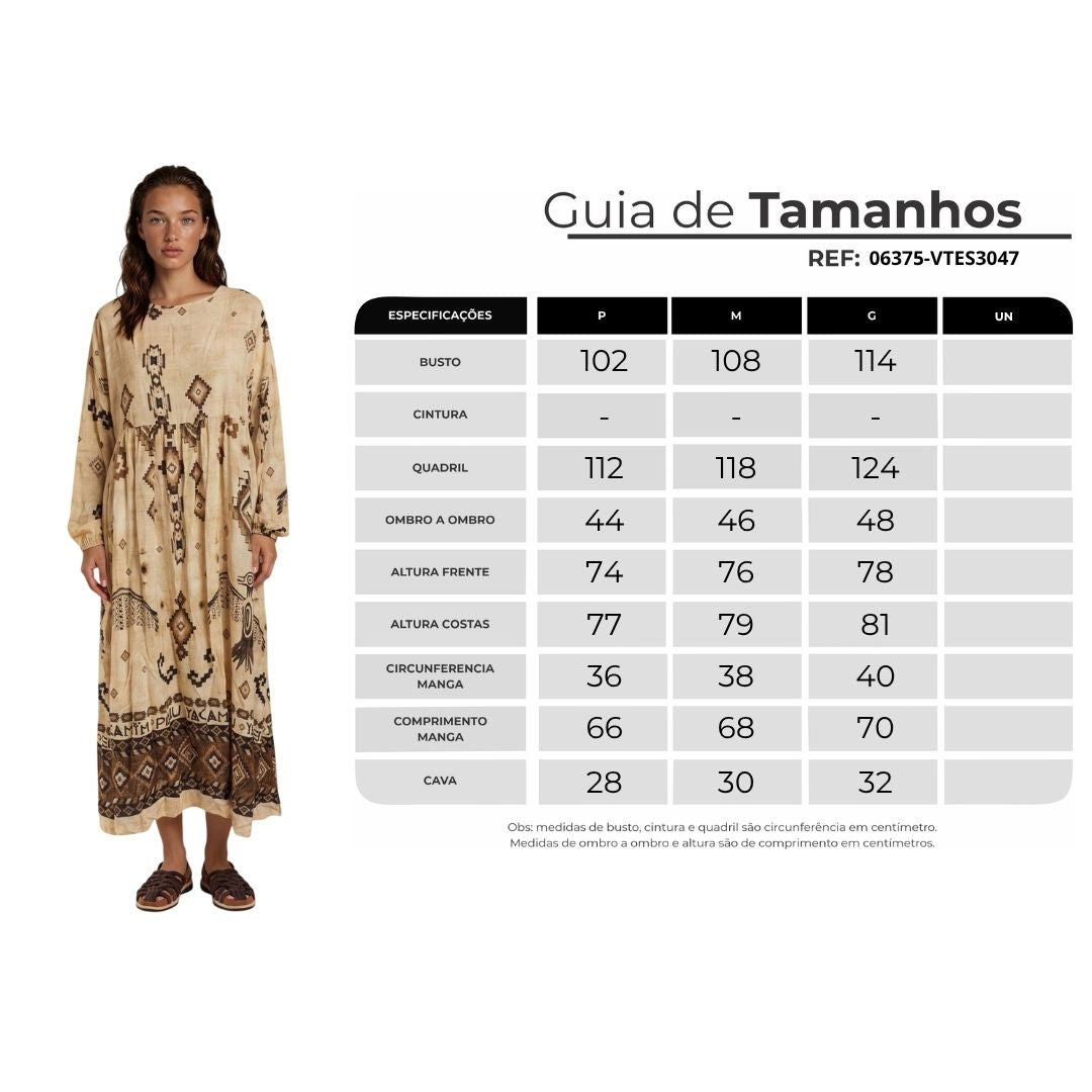 Vestido Midi Amplo Bege Estampado Coleção Peru Yacamim K1