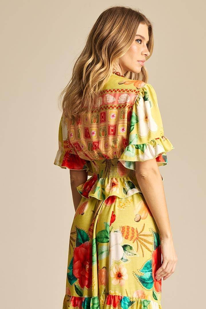 Cropped Com Amarração Na Frente E Lastex Amarelo Estampado Yacamim A8