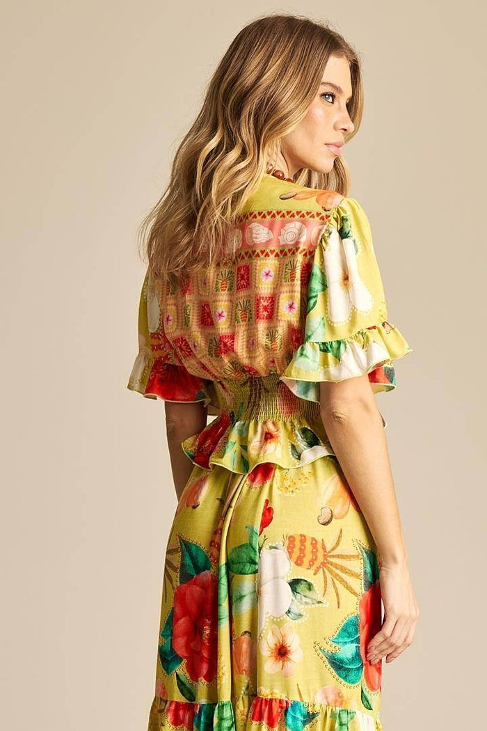 Cropped Com Amarração Na Frente E Lastex Amarelo Estampado Yacamim A8