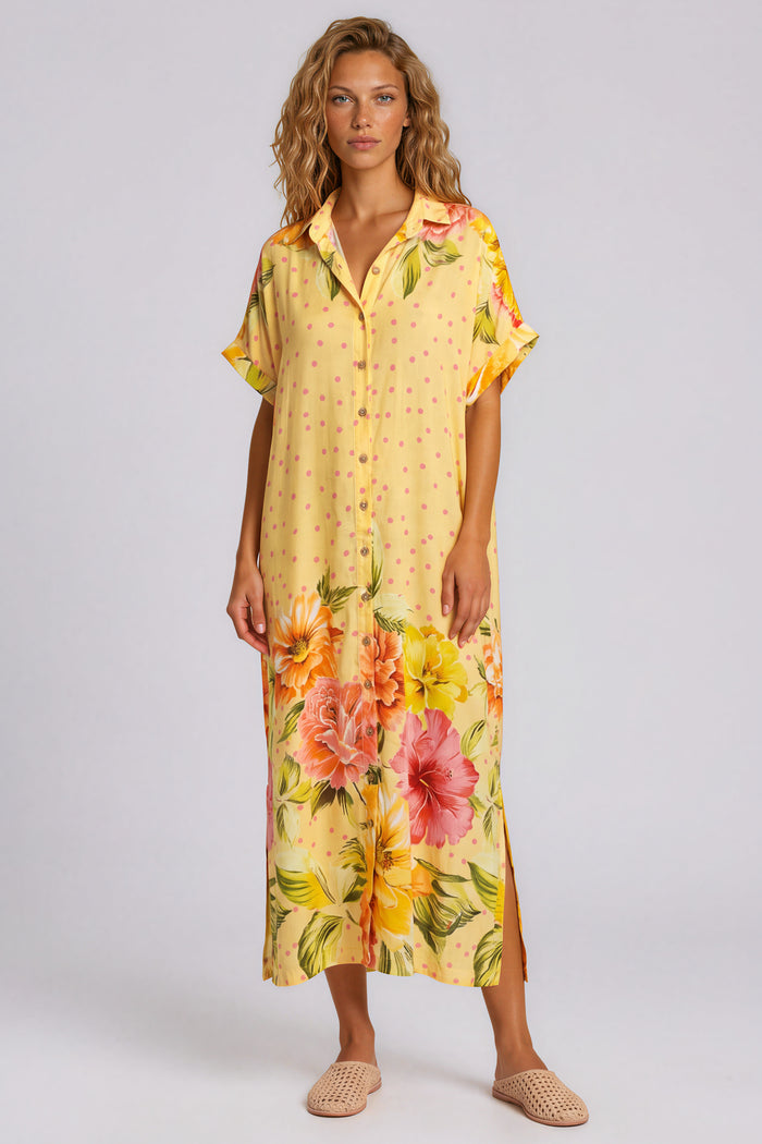 Chemise Midi Com Fendas Laterais Amarelo Estampa Floral Yacamim L5