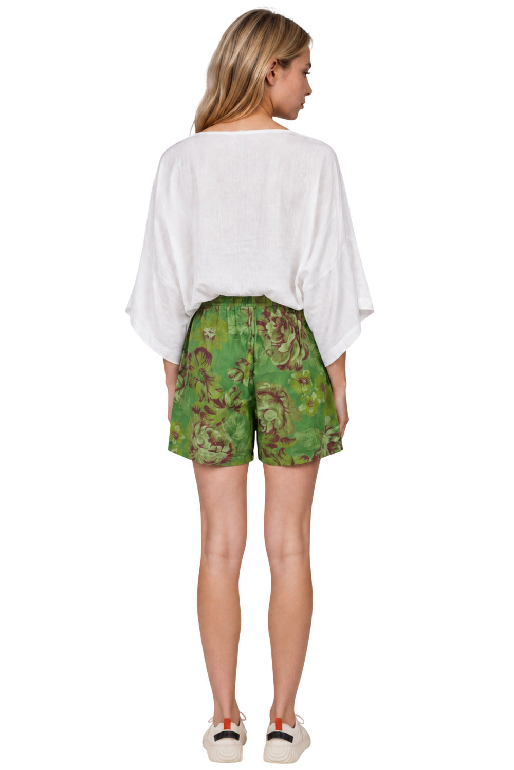 Shorts De Chita Com Flores Bordadas Verde Estampado Yacamim T10