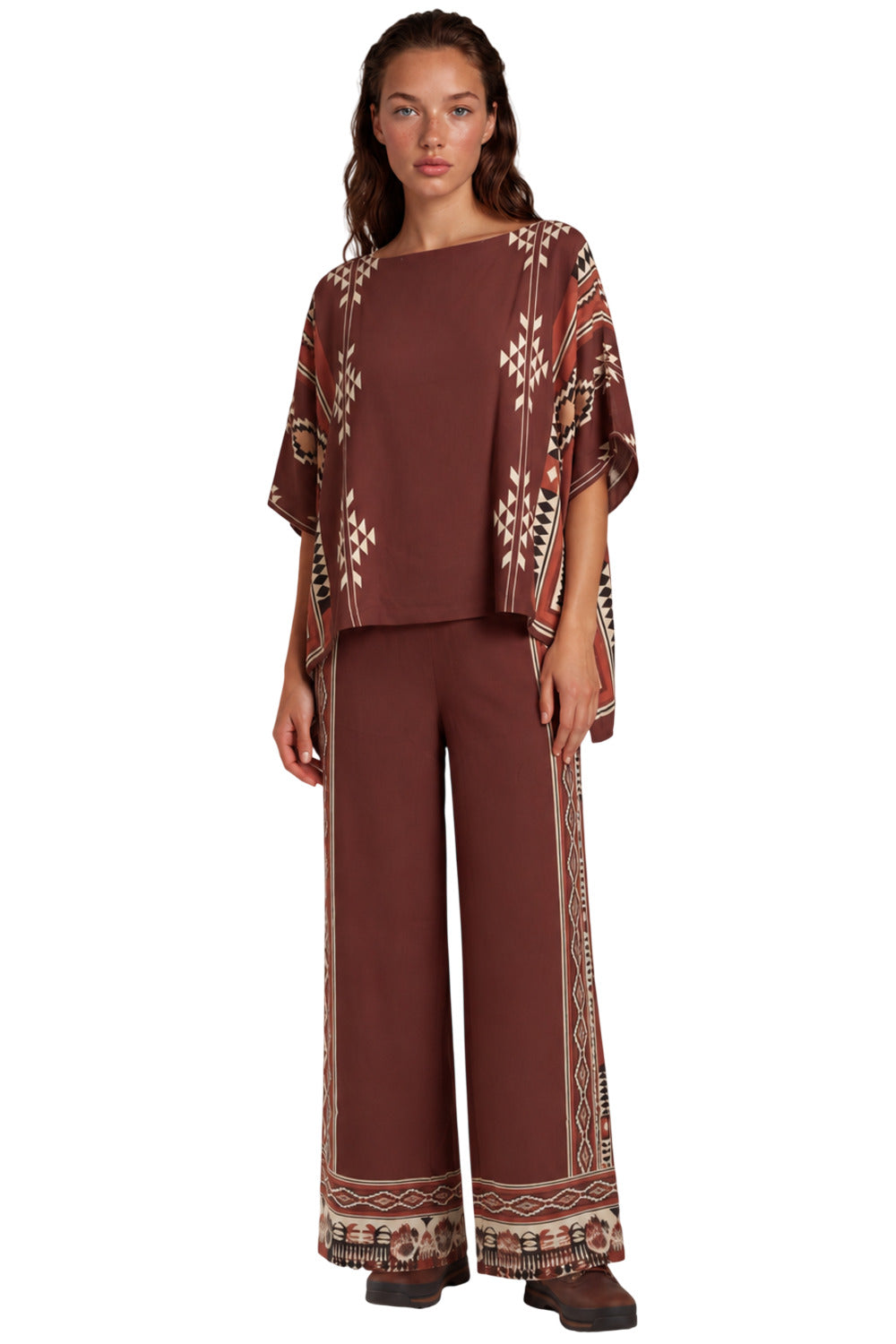 Calça Pantalona Marrom Estampada Coleção Peru Yacamim L9