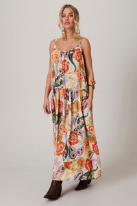 Vestido Midi De Linho Amplo Bege Estampa Cashmere Yacamim E8