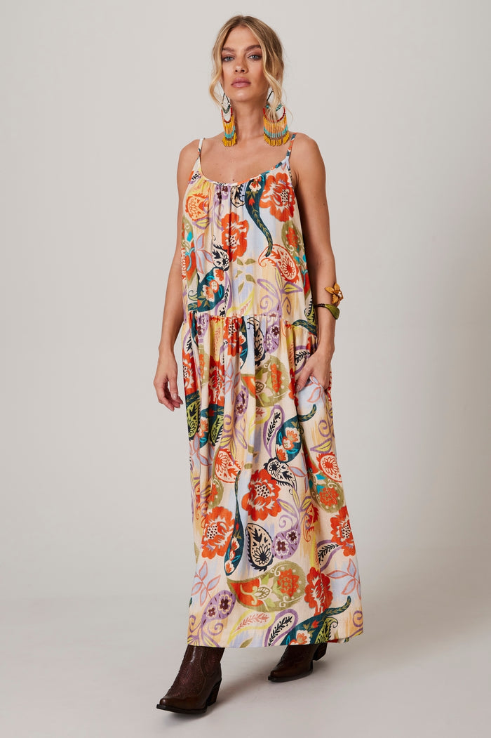 Vestido Midi De Linho Amplo Bege Estampa Cashmere Yacamim E8