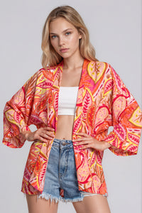 Kimono Curto Com Mangas Longas Rosa Estampado Yacamim J3