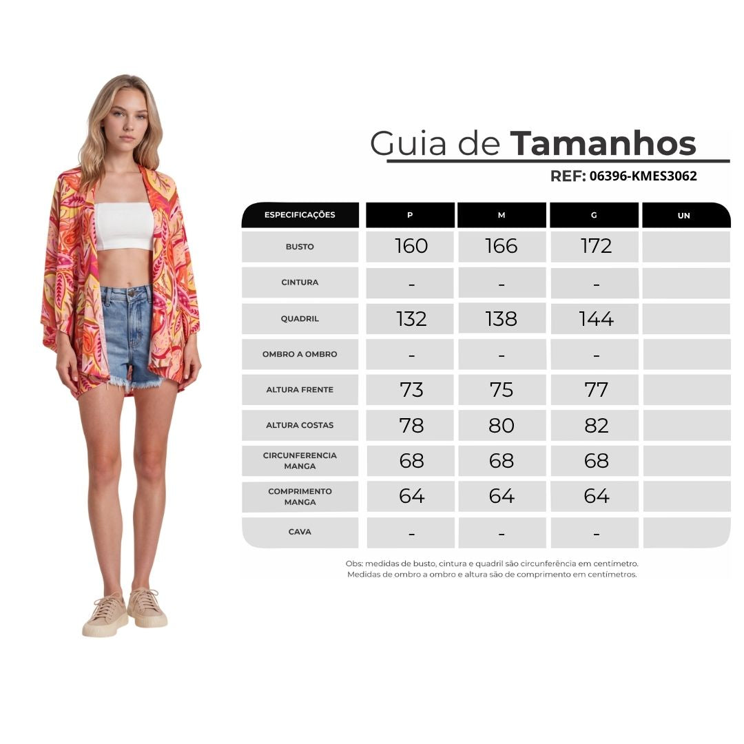 Kimono Curto Com Mangas Longas Rosa Estampado Yacamim J3