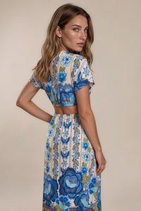 Vestido Longo Com Vazados Azul Estampado Coleção Manacá Yacamim D29