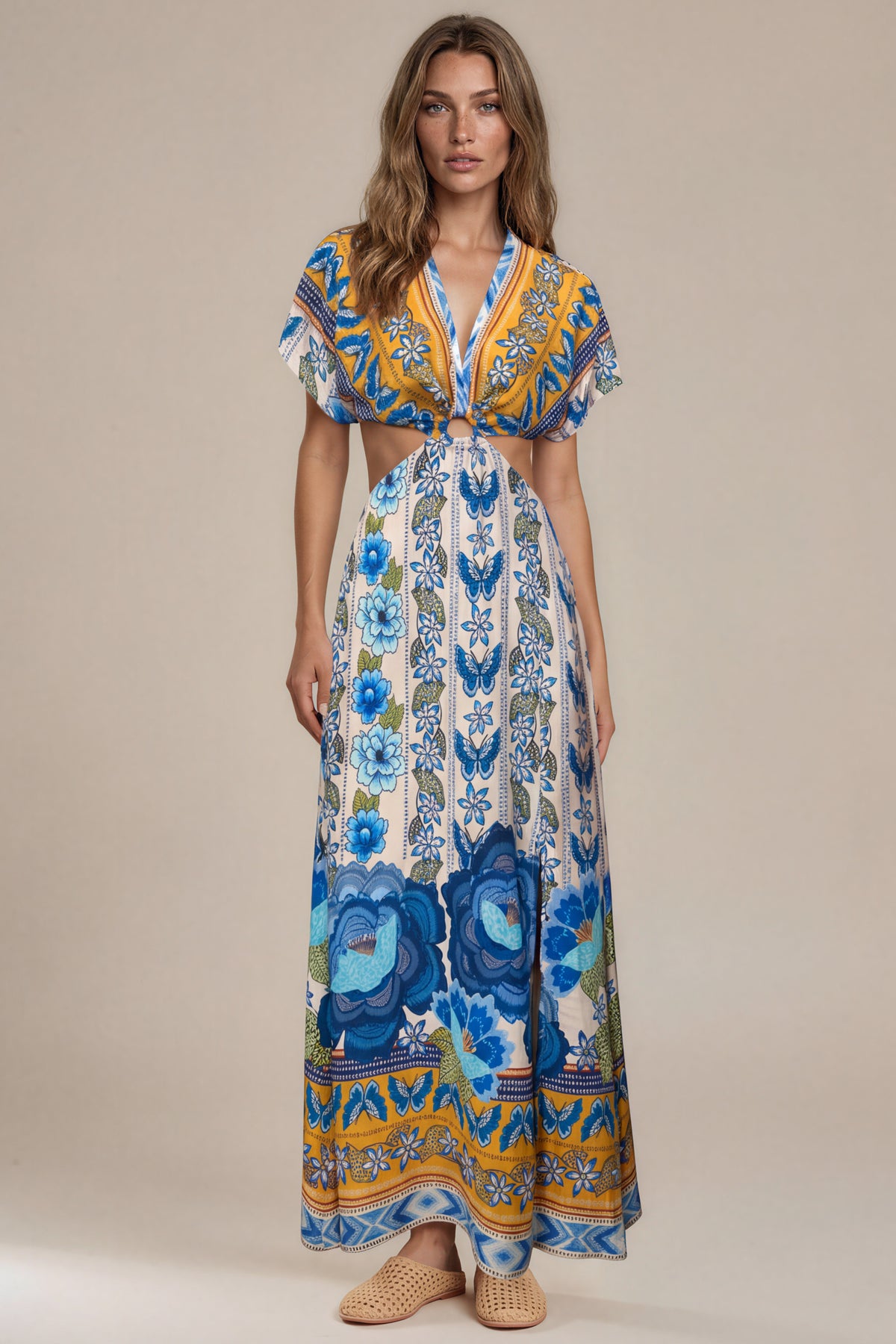 Vestido Longo Com Vazados Azul Estampado Coleção Manacá Yacamim D29