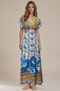 Vestido Longo Com Vazados Azul Estampado Coleção Manacá Yacamim D29