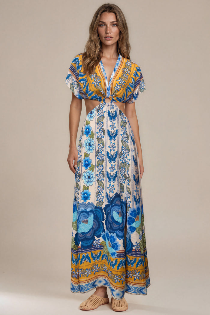 Vestido Longo Com Vazados Azul Estampado Coleção Manacá Yacamim D29