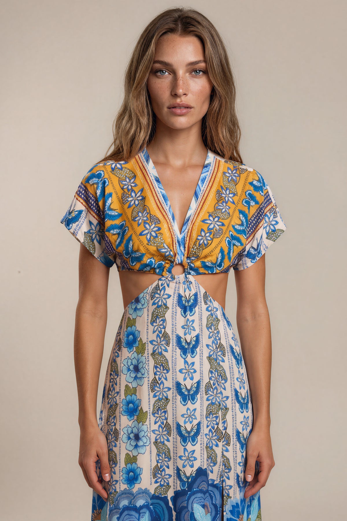 Vestido Longo Com Vazados Azul Estampado Coleção Manacá Yacamim D29