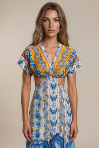 Vestido Longo Com Vazados Azul Estampado Coleção Manacá Yacamim D29