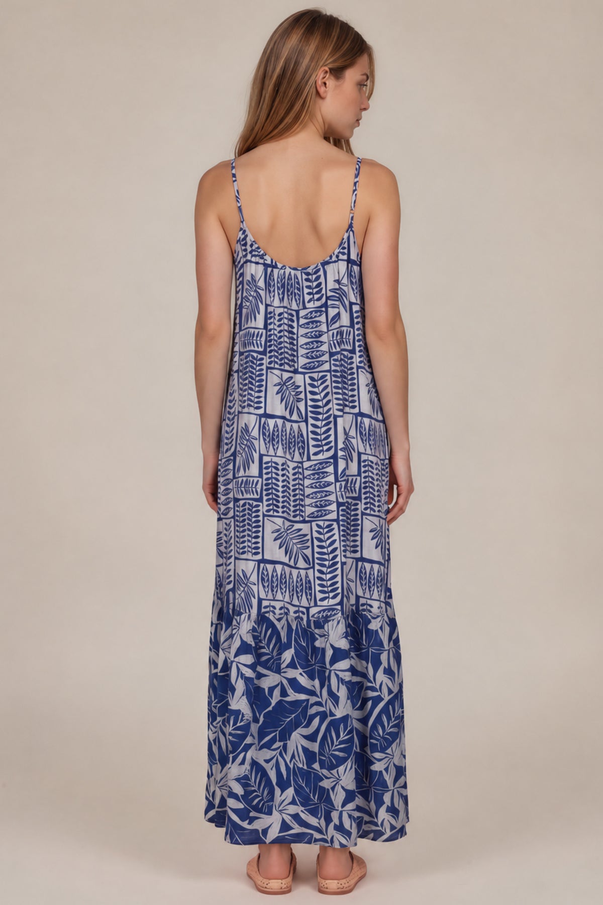 Vestido Longo Com Babado Azul Estampado Patchwork Yacamim C4