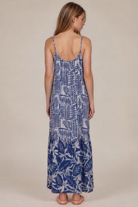 Vestido Longo Com Babado Azul Estampado Patchwork Yacamim C4