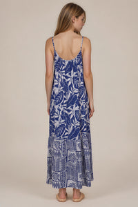 Vestido Longo Com Alças Reguláveis Azul Estampado Patchwork Yacamim E7