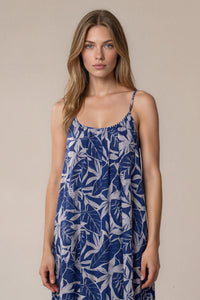 Vestido Longo Com Alças Reguláveis Azul Estampado Patchwork Yacamim E7
