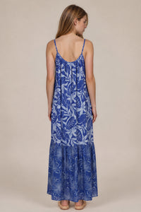 Vestido Longo Com Alças Reguláveis Azul Estampado Patchwork Yacamim D31