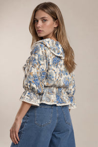 Bata Com Decote Em U Com Babados Branca Estampa Paisley Yacamim B10