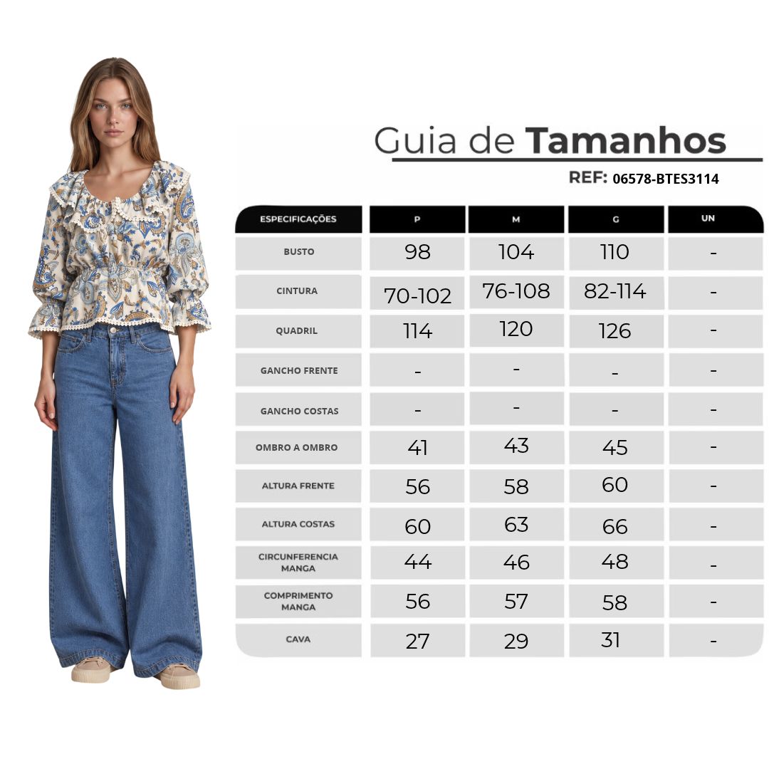 Bata Com Decote Em U Com Babados Branca Estampa Paisley Yacamim B10
