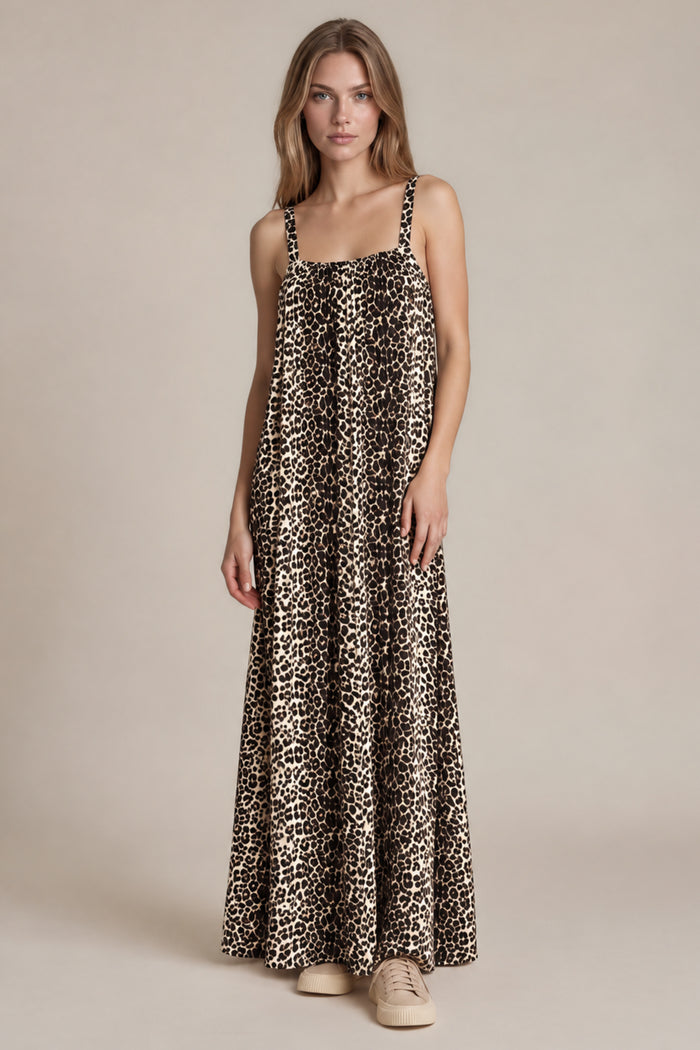 Vestido Longo Com Alças Largas E Forro Animal Print Yacamim D15