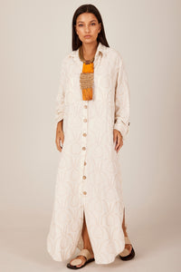 Chemise Longo De Linho Amplo Bege Estampado Yacamim N9
