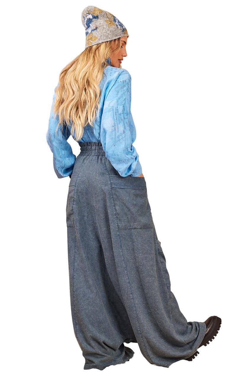 Calça Modelo Saruel De Cintura Alta Azul Mescla Yacamim H5