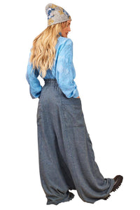 Calça Modelo Saruel De Cintura Alta Azul Mescla Yacamim H5
