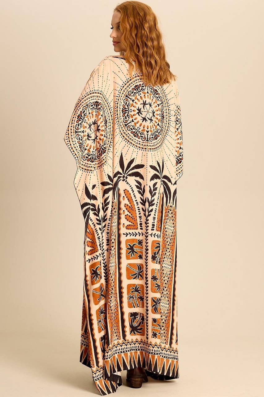 Kaftan Amplo Bege Estampado Yacamim J5