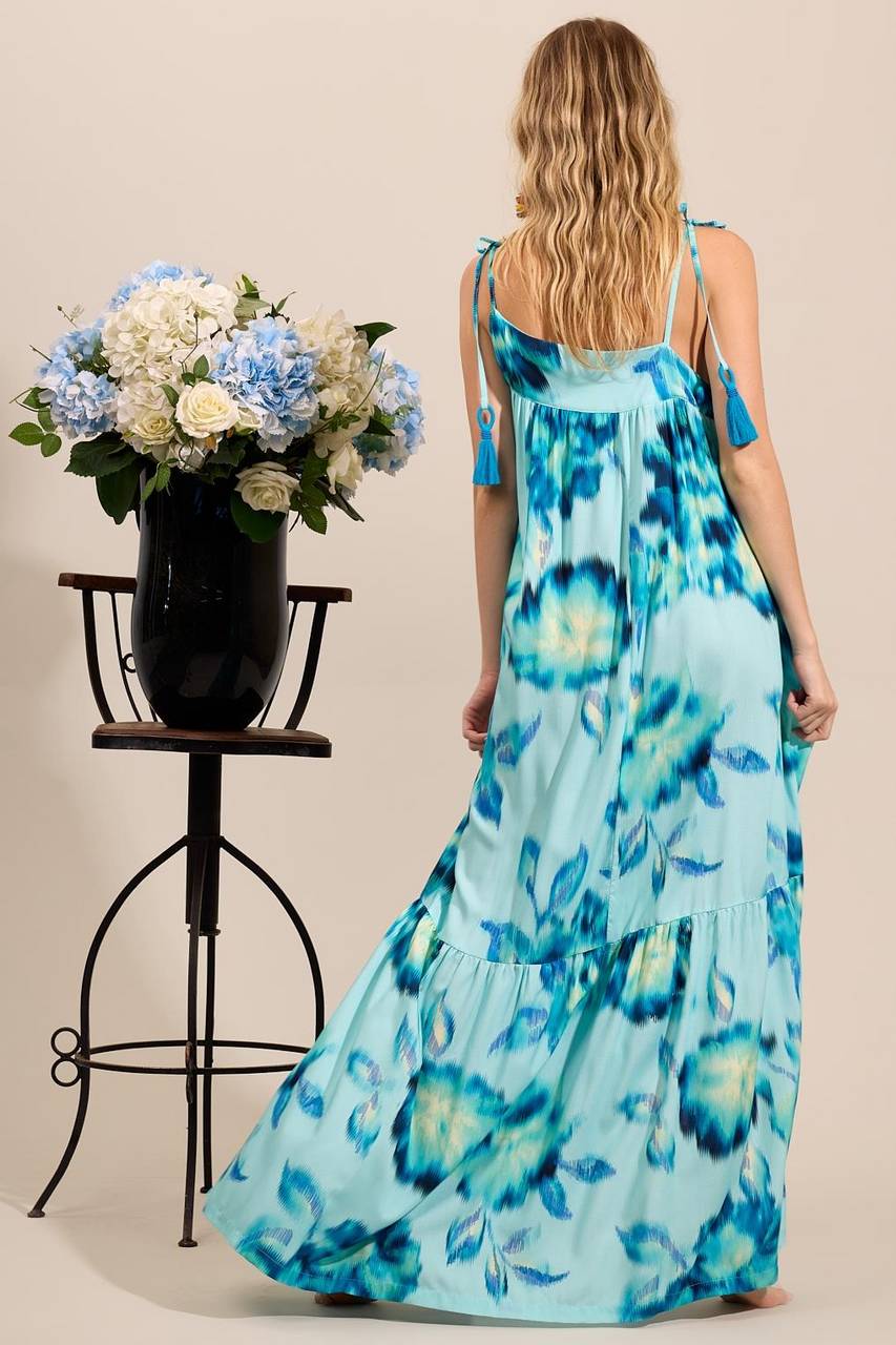 Vestido Longo Um Ombro Só De Alças Azul Claro Estampado Yacamim E8