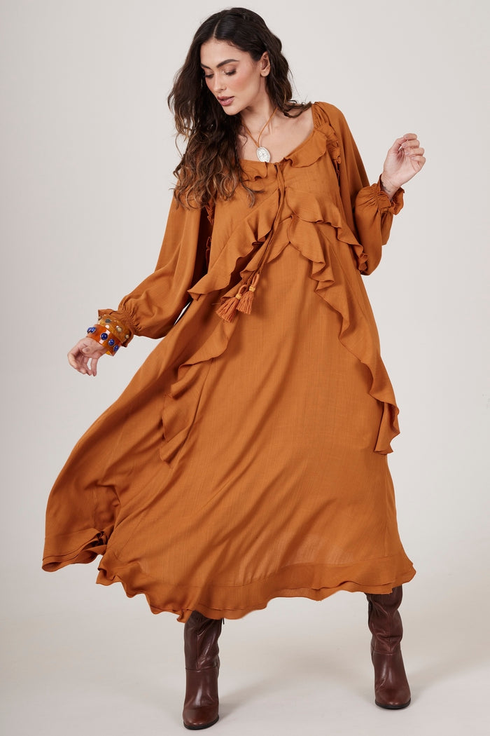 Vestido Longo Ombro A Ombro Caramelo Yacamim D9 Liso