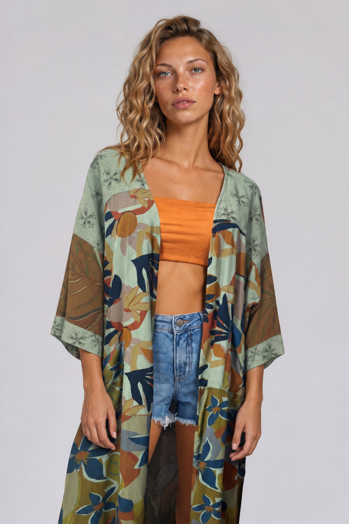 Kimono Longo Com Mangas Longas Verde Estampado Patchwork Yacamim J8