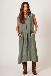 Vestido Midi De Linho Regata Com Capuz Verde Listrado Yacamim C14