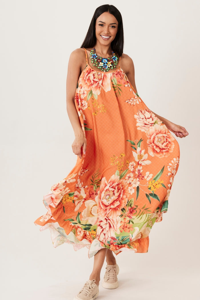 Vestido Midi Alças Reguláveis Laranja Estampado Yacamim E14