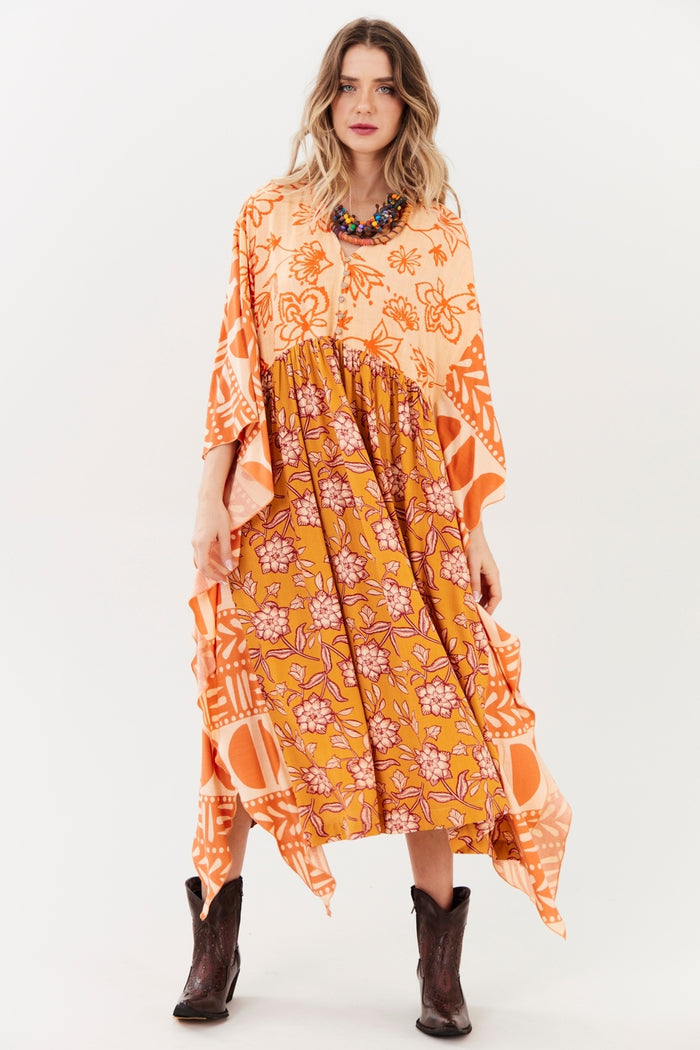 Kaftan Midi Amplo Laranja Estampado Patchwork Yacamim I3